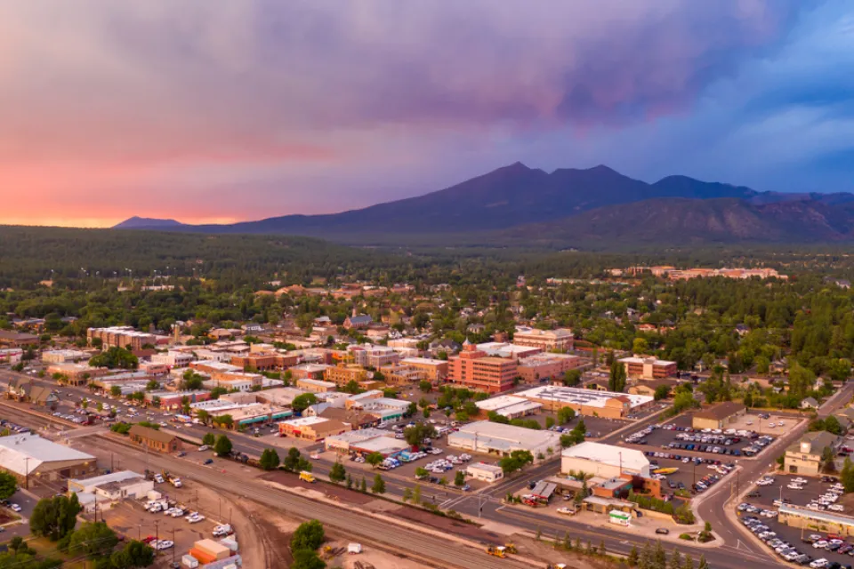 Aerial view of Flagstaff, Arizona at sunset